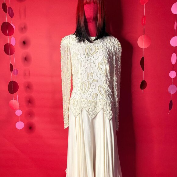Vintage 1980s Pearl Beaded Cream Dress - Retro Bridal, Cocktail, or Evening Glam - Picture 1 of 12